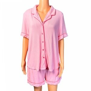 Cozy Earth Womens Bamboo Rib Knit Short Sleeve Pajama Set Tulip Peach Pink M NEW